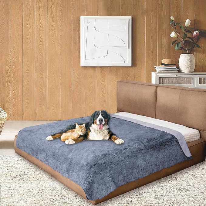 Dogs/Cats Bed Mats, Dog Pad Washable Removable Couch Cover with Anti-Slip Back, Plush Long Fur Mat, Perfect for Small, Medium and Large Dogs.(Navy Blue, 82"x102")