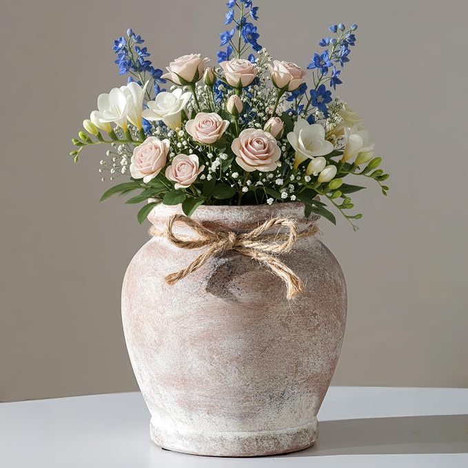 Lvases 6.5in Neutral Terracotta Ceramic Rustic Farmhouse Decor Flower Vase | small decorative vase for farmhouse home decor perfect neutral table centerpiece suitable living room floral arrangement