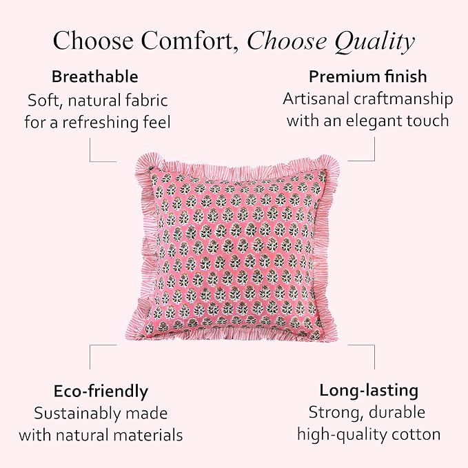 CPC Poppy Pink Ruffle Throw Pillow Covers for Couch, 20x20 Inch Cotton Stripe Ruffle Couch Pillows for Living Room, Hidden 16 Inch Zipper Boho Pillow Case or Cute Outdoor Pillows
