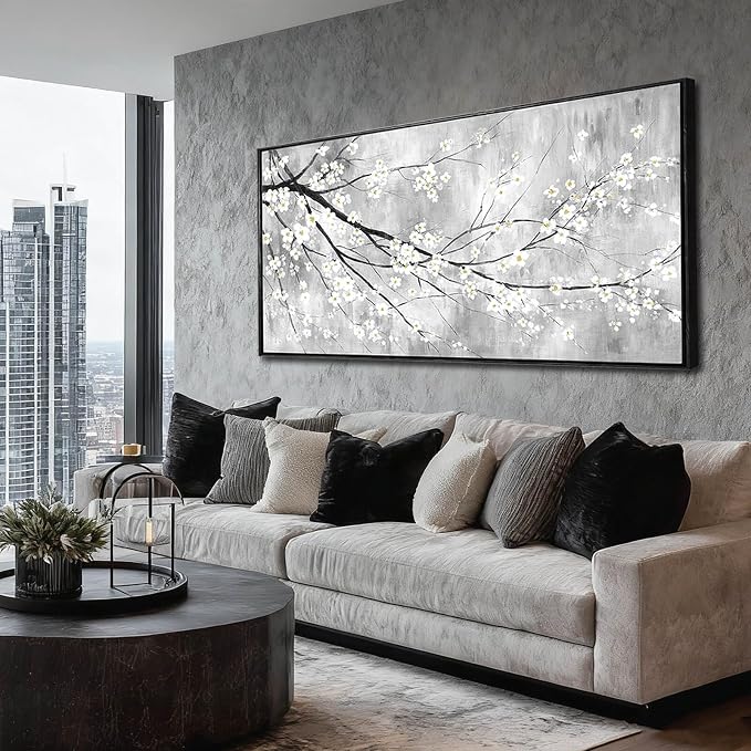 Black Framed Botanical Canvas Wall Art for Living Room 24x48 Inch
