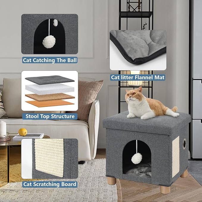 BRIAN & DANY Large Cat Beds for Indoor Cats, Cat Cave House for Kitten with Scratch Board & Ball, 17.7 x 14.8 x 15 inches, Gray (Large)