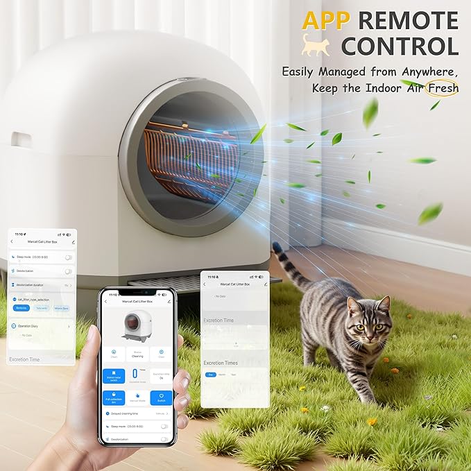 WARCAT Self-Cleaning Litter Box – 90L, APP, Sensors, Gray | 90L large capacity for multiple cats. APP-controlled with smart sensors. Safety protection. Includes mat & 1 garbage bag.