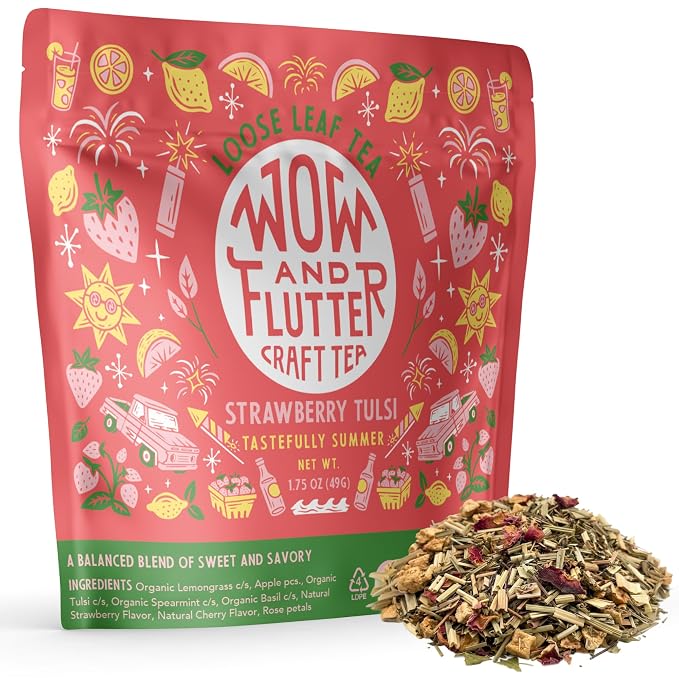 Wow and Flutter Strawberry Tulsi Loose Leaf Herbal Tea | Caffeine-Free Herbal Blend with Organic Tulsi, Lemongrass, Spearmint, Basil & Rose Petals | Sweet Strawberry Flavor, Hot or Iced Tea – 1.75 oz Resealable Pouch
