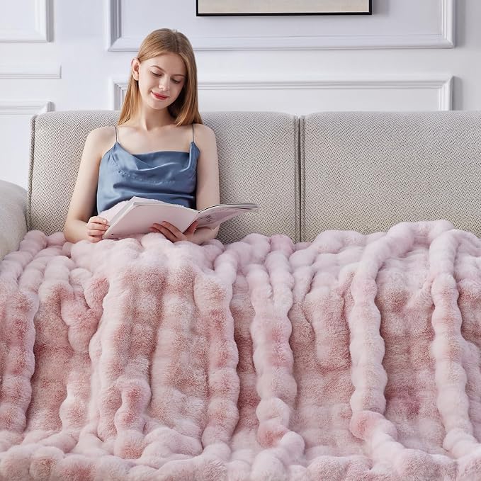 Anysay Faux Fur Throw Blanket, 1000GSM Fluffy Soft Bubble Blanket 60''*80'' | Cozy Plush Warm and Thick Blanket for Couch Bed, Fuzzy Rabbit Throw for Living Room Bedroom Tie-dye Pink