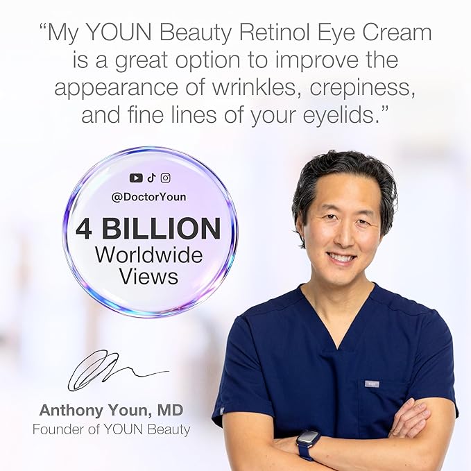 YOUN Beauty Retinol Eye Cream by Plastic Surgeon Dr. Anthony Youn | Paraben-Free Night Eye Cream with Liposomal Retinol & Hyaluronic Acid | Under Eye Cream for Hydration and Skin Firming, 1 Fl Oz