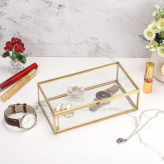 Hipiwe Vintage Glass Keepsake Box, Rectangle Gold Jewelry Display Organizer | Clear Lidded Box for Home Decor, Storage of Trinkets, Rings, Bracelets