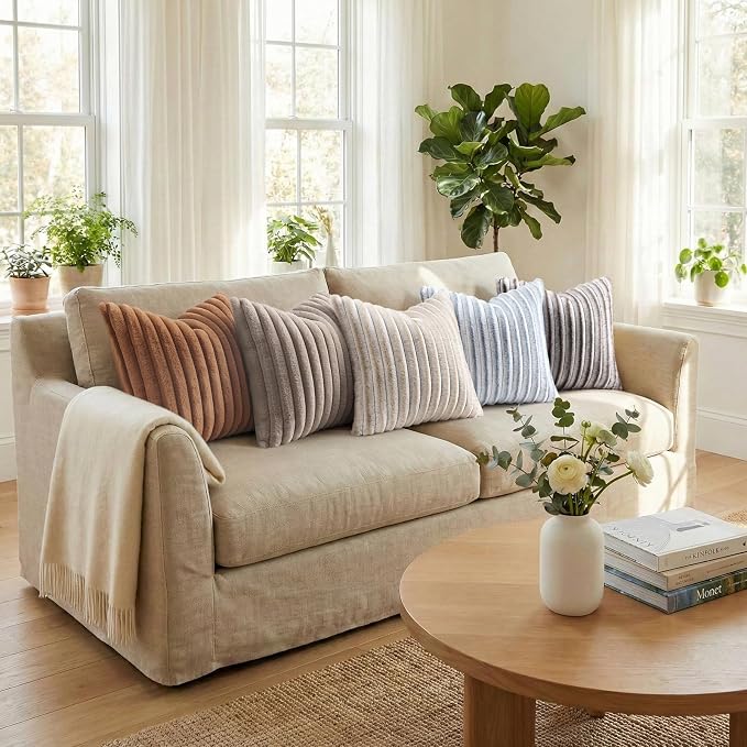 Pallene Faux Fur Decorative Throw Pillow Covers 16x16 Set of 2, Brown | Luxury Plush Texture, Striped Design, Cozy Soft Touch, Modern Home Accent Decor for Couch, Sofa, Bed, Living Room