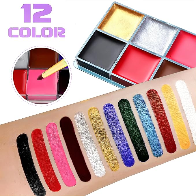 Face Paint Kit, Painting Palette with Brushes Body Paint Face Makeup Safe and Easy to Clean for Halloween Carnivals Cosplay Party Stage Performances (12 Colors + 10 Brushes)