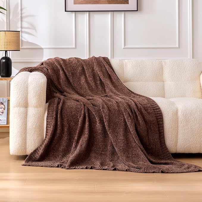 Amazon Basics Chunky Chenille Knit Throw Blanket for Couch, Bed and Sofa, Soft and Warm Lightweight Jersey, 50"×60", Brown