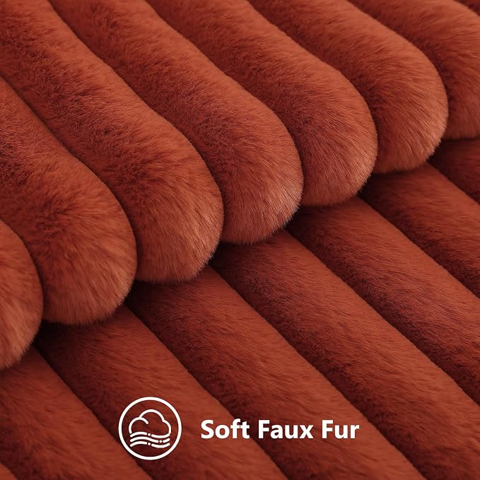 decorUhome Fall Faux Fur Throw Pillow Covers 20x20 Set of 2 Rust | Decorative Soft Cozy Striped Plush Modern Farmhouse Boho Couch Pillow Cases Velvet Back for Sofa Bed Living Room Home Decor