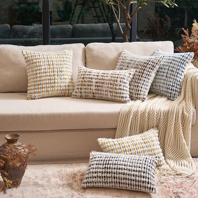Aeckself Boho Chenille Tufted Pillow Cover 20 x 20 Inch, Decorative Square Throw Pillow Cover Neutral Pillowcase for Couch Bedroom Living Room, Brown White