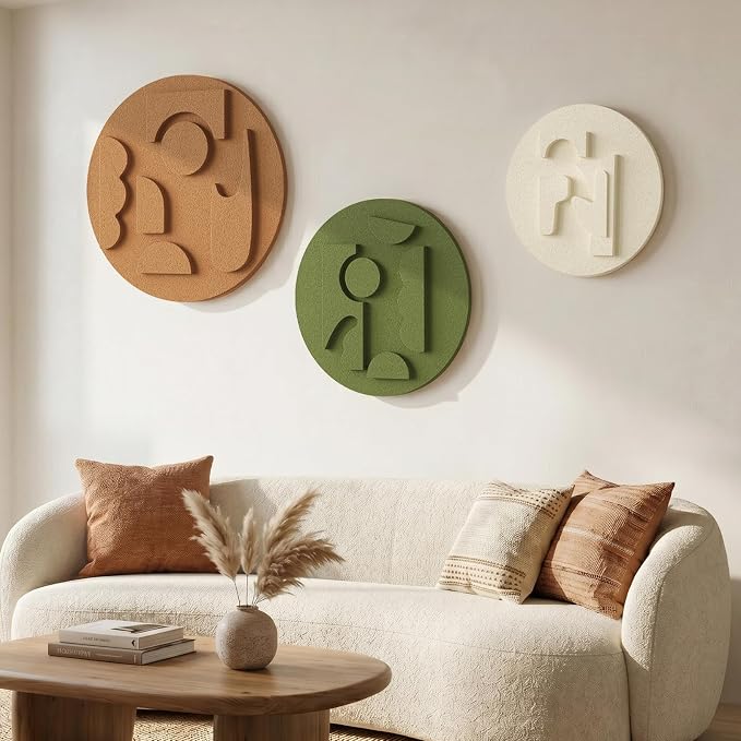 3D Textured Round Abstract Wall Art Set, 3-Piece Modern Minimalist Boho Geometric Sculptures Artwork for Walls, White Terracotta Green Paintings Wall Decor for Living Room Bedroom Dining Room Office