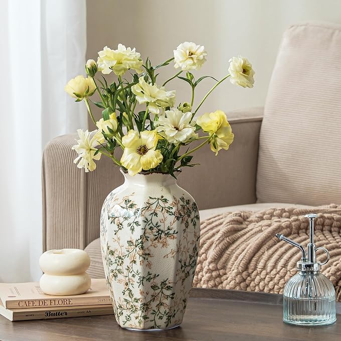 Ceramic Flower Vase for Home Decor, Vintage Green Decorative Vase 9.1 Inch | Rustic Farmhouse Floral Vase for Coffee Table, Living Room, Kitchen, Mantel, Bookshelf, Entryway, Wedding Centerpiece