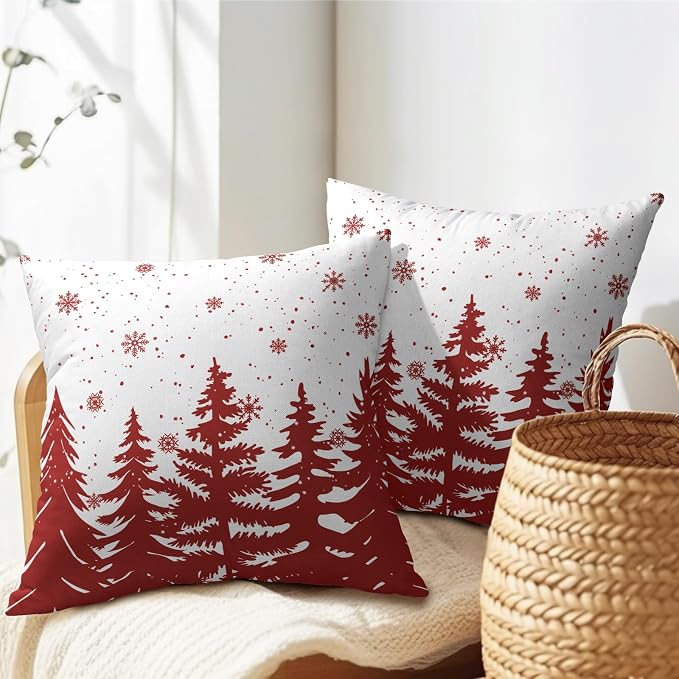 Kawani Christmas Trees Pillow Covers 16x16 Inches, 2 Pcs Red White Xmas Snowflakes Pine Tree Pillowcase Cotton Linen Square Cushion Case for Couch Bed Sofa Holiday Party Home Décor