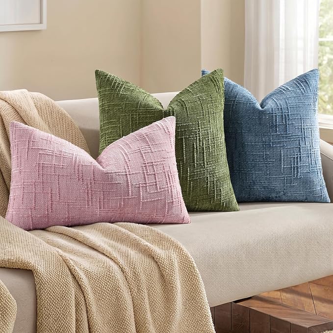 decorUhome Textured Chenille Throw Pillow Covers 12x20 Set of 2 Blush Pink | Fall Modern Farmhouse Soft Cozy Slubby Couch Pillow Cases Boho Decorative Pillow Cases for Bed Sofa Living Room Home Decor