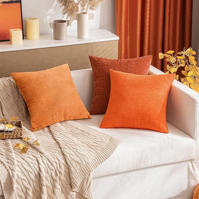 MIULEE Chenille Fall Lumbar Throw Pillow Covers Bright Orange 12x20 | Pack of 2, Modern Fall Decor, Classic Decorative Pillows, Solid Dyed Cases, Couch Cushion Covers for Sofa Bed Living Room