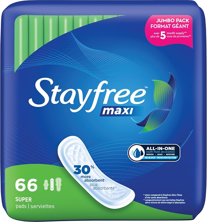 Stayfree Maxi Super Long Pads For Women, Wingless, Reliable Protection and Absorbency of Feminine Periods, 66ct