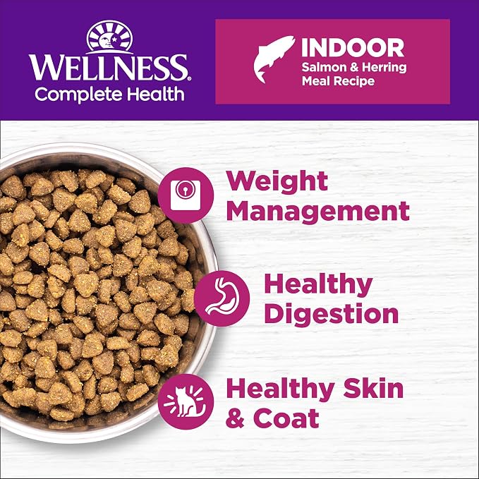 Wellness Complete Health Adult Dry Cat Food for Indoor Cats, Natural, Grain Free Kibble, Salmon and Herring Meal Recipe, 5.5 lb Bag