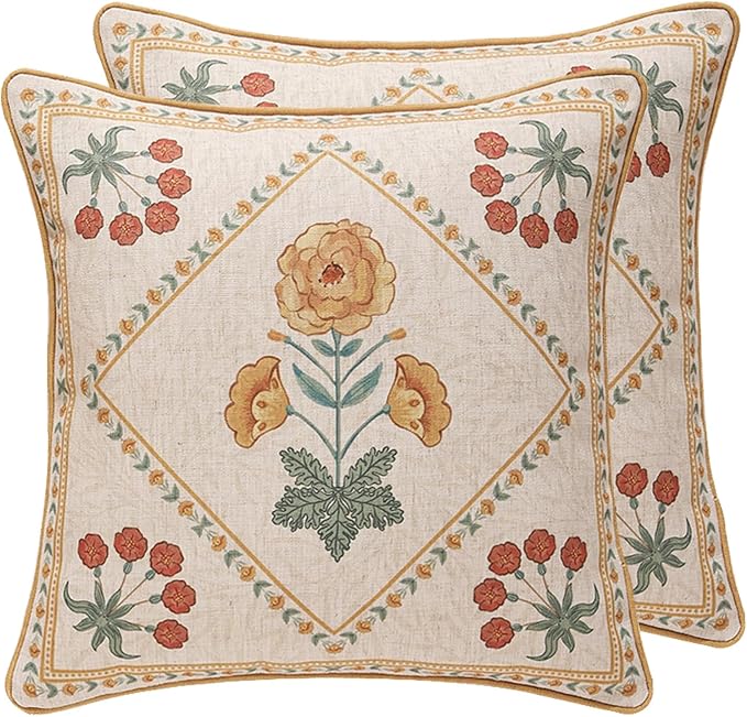 patdrea Vintage Linen Throw Pillow Cover,18"x18",Set of 2-RosaSilvestre B | French Decorative Pillow Case with Zipper,Yellow Floral Pattern,Cushion Coverfor Couch Living Room Bedroom