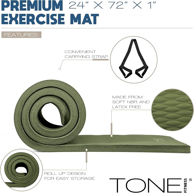 Tone Fitness 1-Inch Thick Yoga Mat | High-Density, Non-slip Exercise Mat with Carrying Strap for Yoga, Pilates, & Home Gym Workouts | Multiple Options