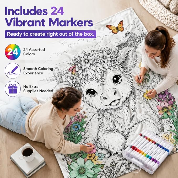 VEELU DIY Coloring Blankets with 24 Colors Markers for Adults | Custom Color In Your Own Blankets With 24 Colors Markers, Snuggle Color Sketch Washable Blankets Kit Home Decor