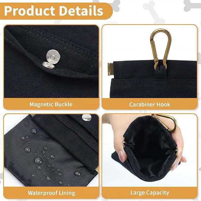 Dog Treat Pouch for Pet Training, Carabiner & Magnetic Buckle, Black