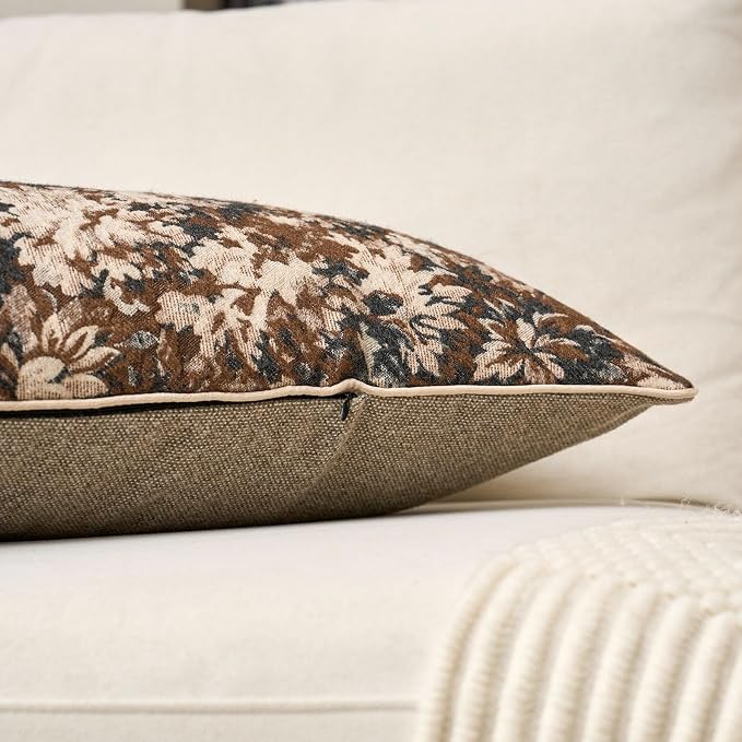 Neutral Floral Pillow Cover 14 x 36 Inches, Vintage Chenille Accent Throw Pillow Cover Soft Decorative Farmhouse Accent Couch Pillow Cover for Living Room Bedroom, Coffee Brown