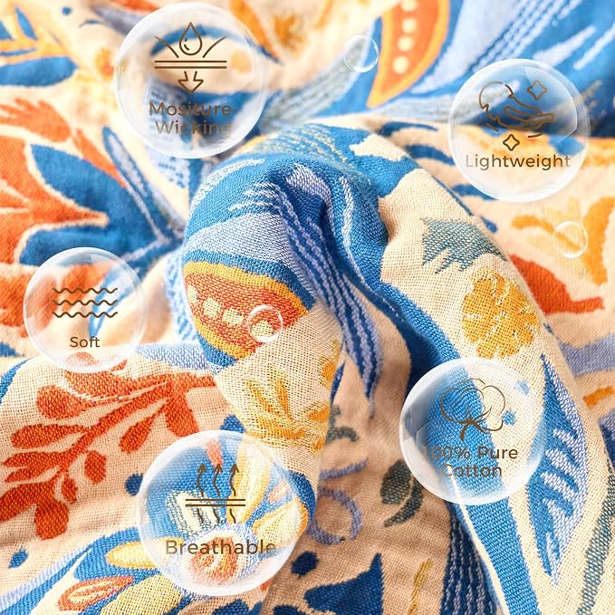 LUTBM Boho Throw Blanket for Couch 50"x60", Cotton Decorative Bed Throw | Reversible Floral Bird Jacquard, All-Season Muslin Blankets, Lightweight Breathable Gauze, For Chair Sofa Living Room Decor