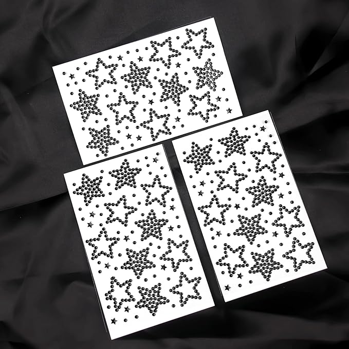 3Sheets Star Gem Stickers Jewels for Crafts, Face Makeup - Self Adhesive Rhinestone Jewel Stickers, Stick on Gems Rhinestones for Crafts, Craft Supplies for Kids (16.Black Star)