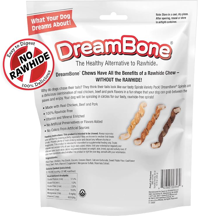 DreamBone Spirals Variety Pack Rawhide-Free Dog Treats, 32 Count | Daily Chew, Digests Safely and Completely, Made With Real Protein, Chicken, Beef or Pork, For Adult Dogs