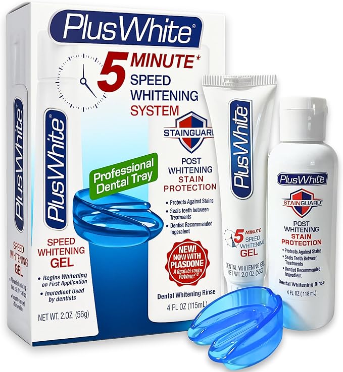 Plus White Premier Whitening System - 5 Minute Speed Whitening Gel, Comfort Fit Mouth Tray & StainGuard Post - Dentist Approved & Professional Grade (2 oz Tube, Mouth Tray and 4 oz Post Rinse)