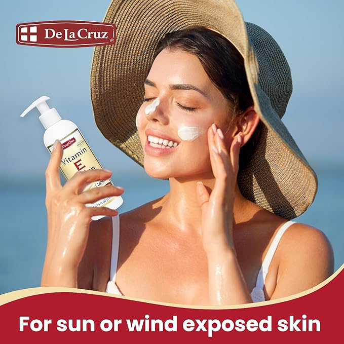 De La Cruz Vitamin E Lotion for Dry Skin 12,000 IU with Avocado Oil, Almond Oil & Aloe Vera.vitamin e moisturizer, Moisturizing body lotion and face lotion for All Skin Types 8 FL OZ Made in USA