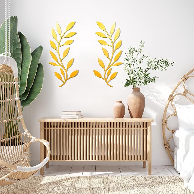 Zhengmy 2 Pcs Metal Leaf Wall Art Vine Branch Decor,Gold | Olive Branch Metal Decor for Living Room Hallway, Symmetrical Leaf Pair for Doorway Entryway, Lightweight Hanging Art Design
