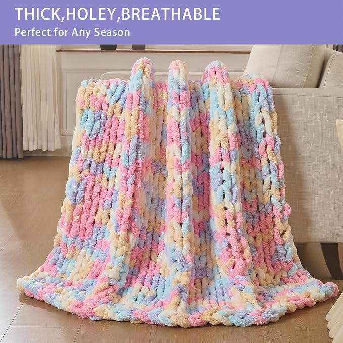Bigacogo Chunky Knit Throw Blanket for Couch, 51x63 inches, PastelDreamMix | Hand Knit with Jumbo Chenille, Soft Breathable Cable Knit for Sofa Bed Living Room, Machine Washable, Gift for Mom Friend