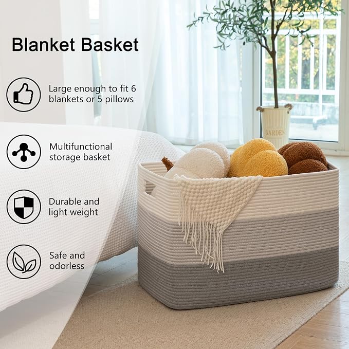 OIAHOMY 108L Super Large Blanket Basket, 25”x16”x16”(108L) Rectangle Woven Baskets for Storage, Cotton Rope Basket For Living Room, Toy Storage with Handle - Gradient Grey