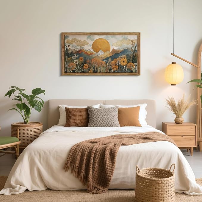 Framed Boho Landscape Large Wall Art, Abstract Sun Mountain Canvas Wall Decor Painting, Modern Floral Botanical Aesthetic Poster Print Picture for Living Room Bedroom Home Office 24x48 Inch