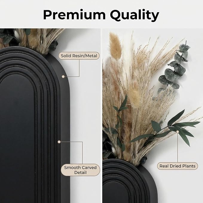 Set of 2 Wooden Wall Vases with Dried Pampas Grass & Eucalyptus, Boho Farmhouse Decor for Living Room, Entryway, Bathroom, Rustic Home Art(Black)