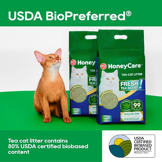 HoneyCare Tea Cat Litter | Natural Plant-Based Formula | Long-Lasting Odor Control | 99% Dust-Free & Low Tracking | Flushable Cat Litter | 6-lbs