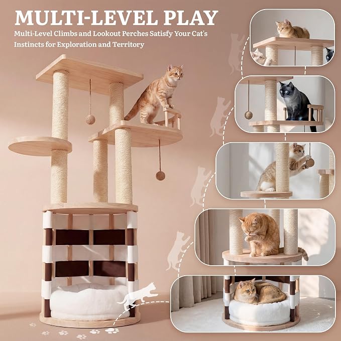 DWVO 40 Inch Pine Wood Cat Tree | Multi‑Level Cat Tower with Cat House, Observation Perches, Plush Bed, Sisal Scratching Posts & Interactive Balls