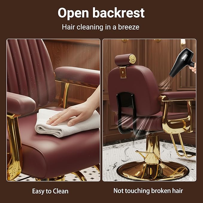 Baasha Burgundy & Gold Reclining Salon Chair - Vintage Hydraulic Barber Chair with Removable Headrest - Heavy Duty All Purpose Styling Chair for Lash, Braiding & Tattoo - Wide Seat, 440 lbs Cap.
