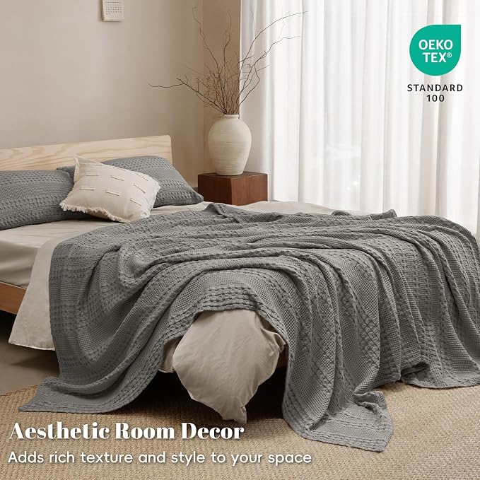 PHF 100% Cotton Waffle Weave Blanket Queen Size, Lightweight Breathable Summer Blanket for Hot Sleepers, Pre-Washed Soft Layer for Bed, Couch, Aesthetic Home Decor & Gift, 90"x90", Dark Grey