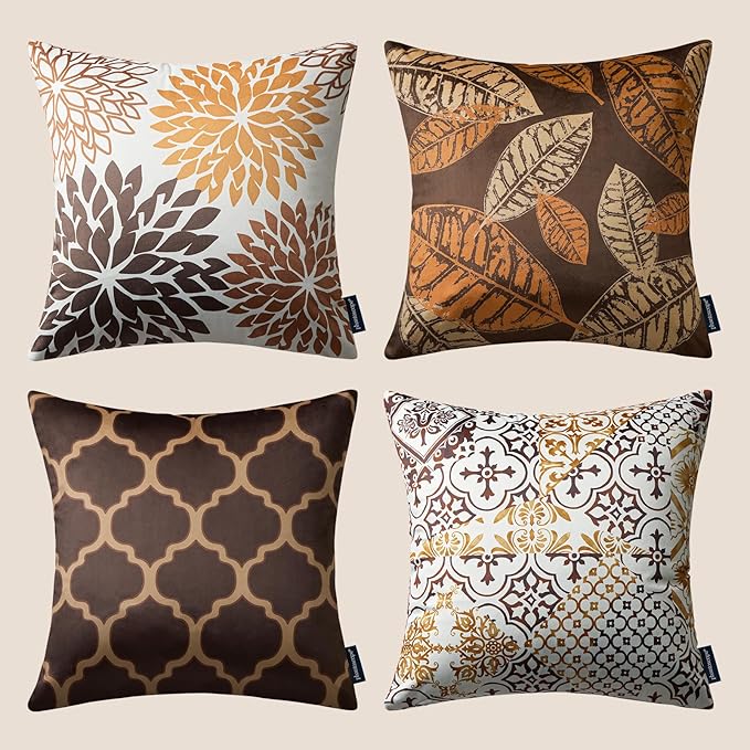 Phantoscope Set of 4 New Living Series Velvet Pillows Leaf Geometric Throw Decorative Velvet Pillow Cover Cushion Cover, Dark Coffee 20 x 20 inches 50 x 50 cm