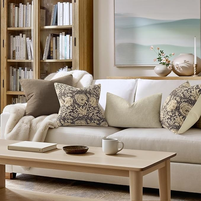Vintage Floral Print Throw Pillow Covers 18x18 Set of 2 Neutral Modern Farmhouse Pillowcases Accent Decorative Cushion Covers Boho Home Decor for Couch Sofa Chair Bed Living Room, Rustic Gray
