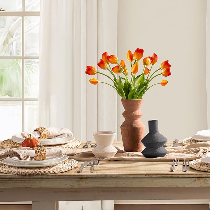 Ceramic Vase Home Table Decor - Flower Vase Set of 3 Living Room Kitchen Decorations Farmhouse Modern Rustic Vases Decorative Centerpiece for Shelf Bedroom Office Bathroom Dining Coffee Desk