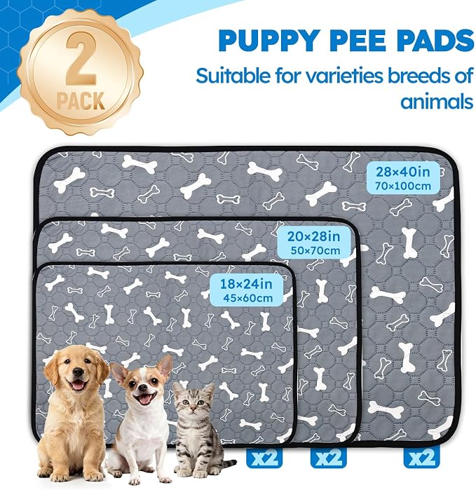 2 Packs Washable Pee Pads for Dogs, Absorbent Reusable Puppy Pads, Non-Slip & Waterproof Dog Training Mat for Whelping Playpen Crate, Gray 18"x24"