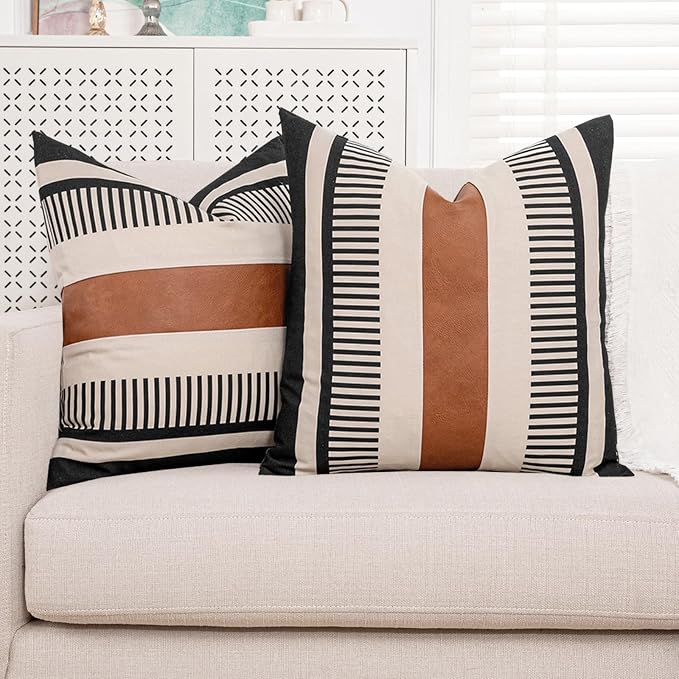 Farmhouse Stripe Pillow Cover 22x22 Boho Accent Cushion Case Faux Leather Decorative Pillowcase,Black and Beige (Cover ONLY, Pack of 2)