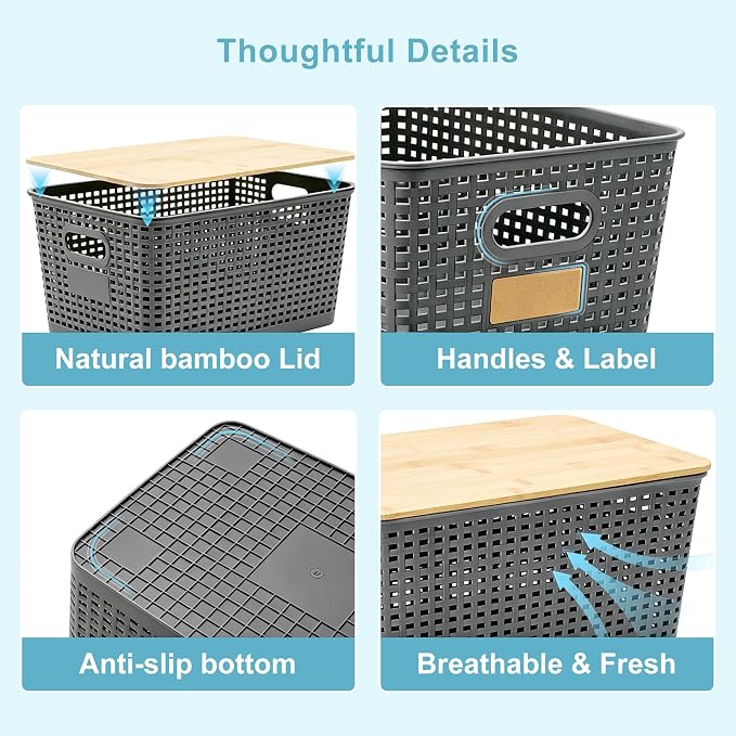 2 Pack Tall Plastic Storage Bins with Bamboo Lids, 10.8qt Stackable Storages Baskets for Organizing Desktop Closet Playroom Classroom Office, 12"L x 8.3"W x 6.1"H, Gray