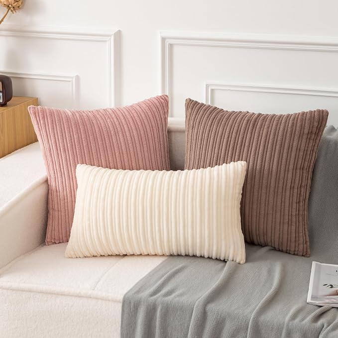 UGASA 14x20 Inch Pillow Cover Pack of 1 Soft Boho Stripe Corduroy Long Rectangular Lumbar Cushion Cover Farmhouse Decorative Throw Pillowcase for Bed, Couch, Sofa, Bedroom, Living Room, Cream