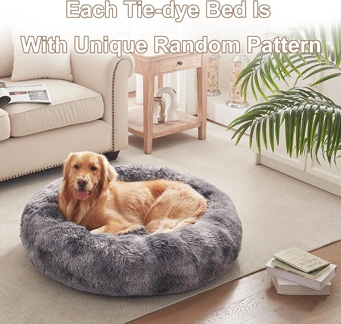 36 in Faux Fur Fluffy Donut Dog Bed for Large Dogs,Tie-dye Grey | Calming Plush Round Pet Bed with Removable & Washable Cover,Fits up to 80 lbs Pets