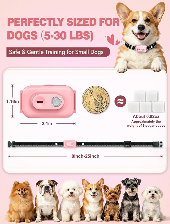 Small Dog Shock Collar with Remote - Specially Designed for Small Dogs 5-15 lbs, 5-30 lbs Puppies, Ultra-Light 0.92 Oz Dog Training Collar with Safe Beep Vibration Shock, IP67 Waterproof, Pink